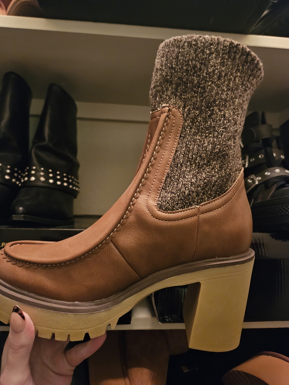 Oasis Society Brown Chunky-Heel Chelsea Boot with Knit Cuff - Picture 3 of 5